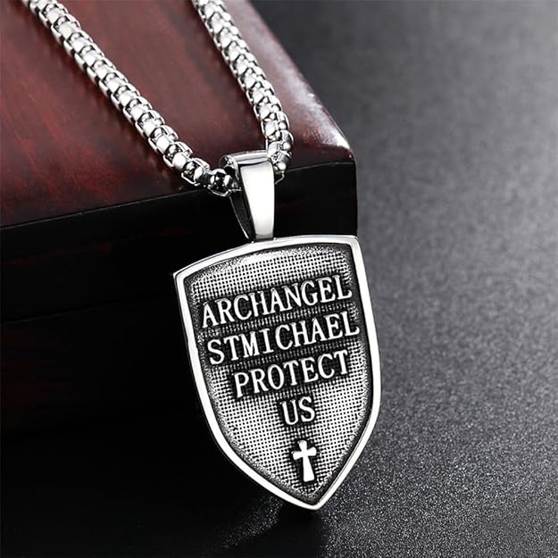 Archangel St Michael Necklace, Shield Pendant Stainless Steel Catholic Saint -  BigGreenBear.com jewelry 18.99 USD Big Green Bear