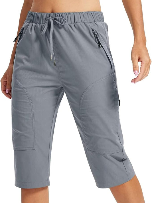 "BigGreenBear Women's Hiking Cargo Shorts in Grey, 9-inch Inseam with 5 Zipper Pockets."