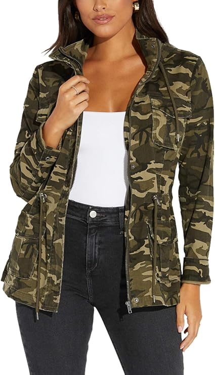 "BigGreenBear Women's Camouflage Shacket with Full Zipper, Long Sleeves, and 4 Utility Pockets."
