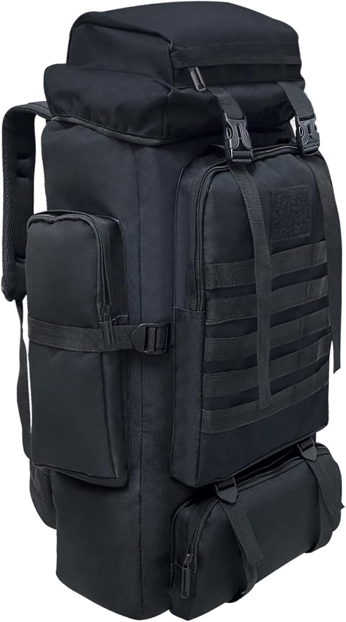 80L black tactical hiking backpack with Molle webbing and adjustable compression straps.