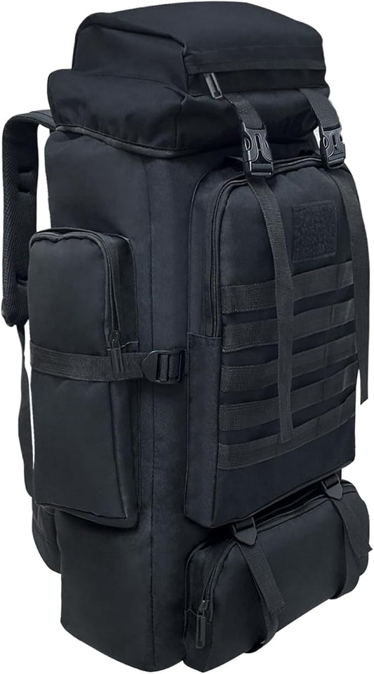 80L black tactical hiking backpack with Molle webbing and adjustable compression straps.