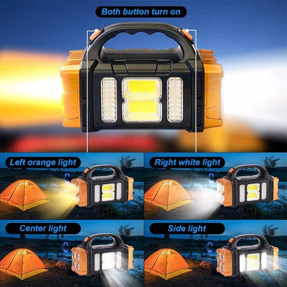 Portable LED work light with multiple light modes shown outdoors.