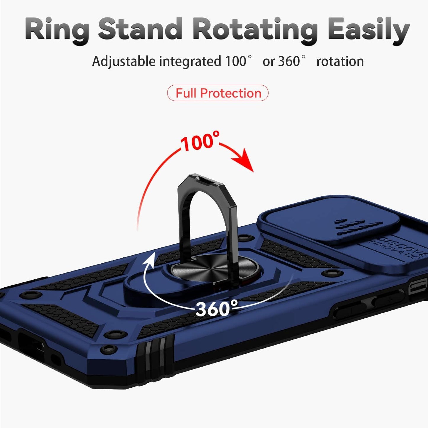 iPhone 13 Case with Screen Protector, Dual Layer Drop Protection, Magnetic Ring Holder - Navy Blue