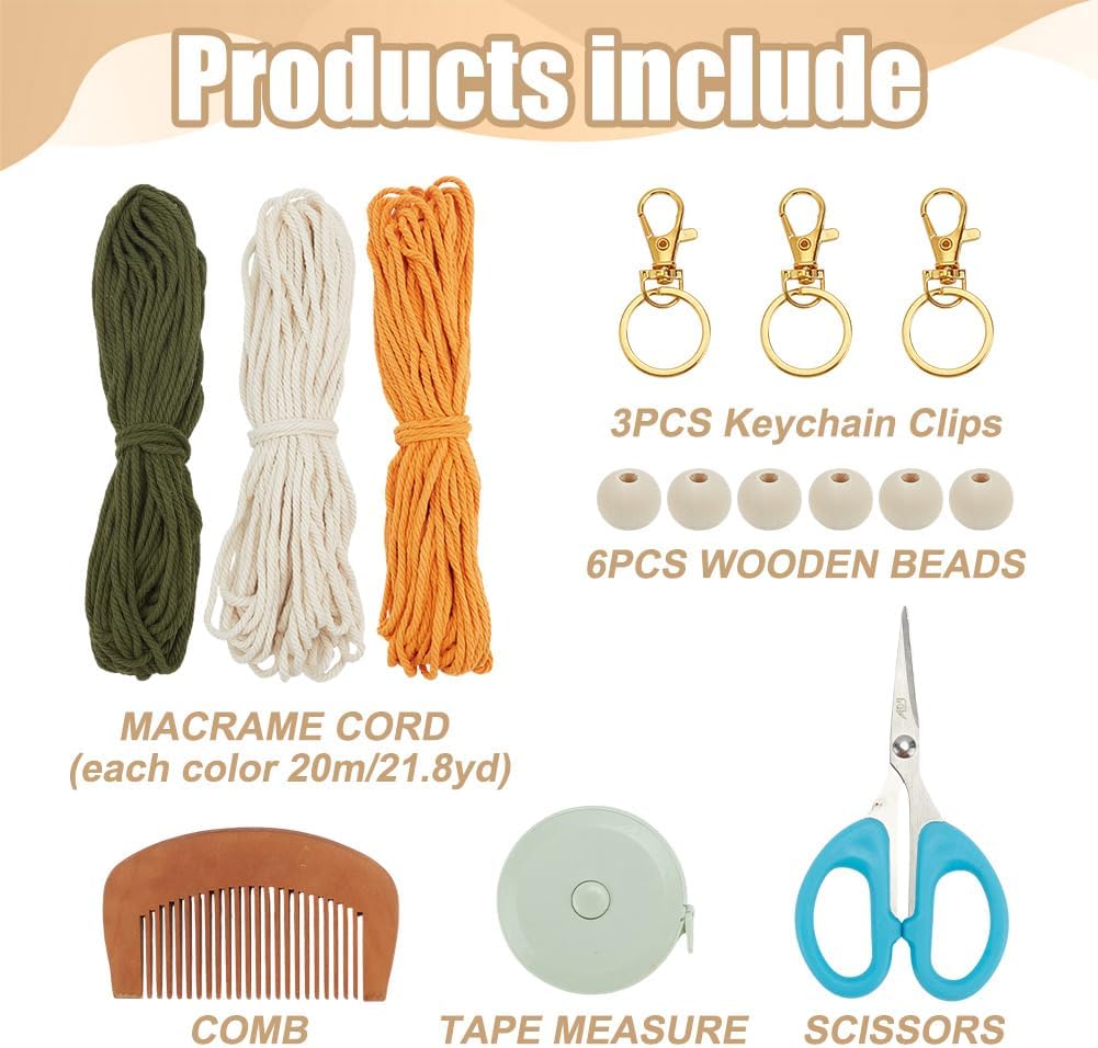 3 Sets Colorful Leaf Shape Macrame Keychain Kits with Tassel