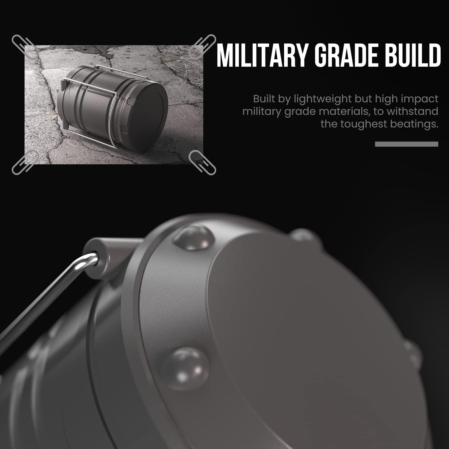 Military grade product with text on a black background