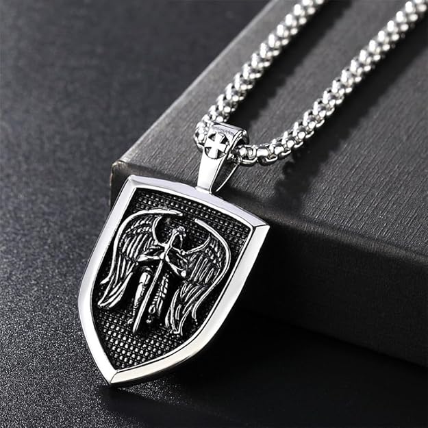 Archangel St Michael Necklace, Shield Pendant Stainless Steel Catholic Saint -  BigGreenBear.com jewelry 18.99 USD Big Green Bear