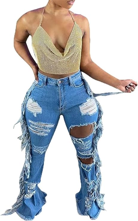 Women's Skinny Tassels Ripped Jeans High Waisted -  BigGreenBear.com clothing 29.95 USD Big Green Bear