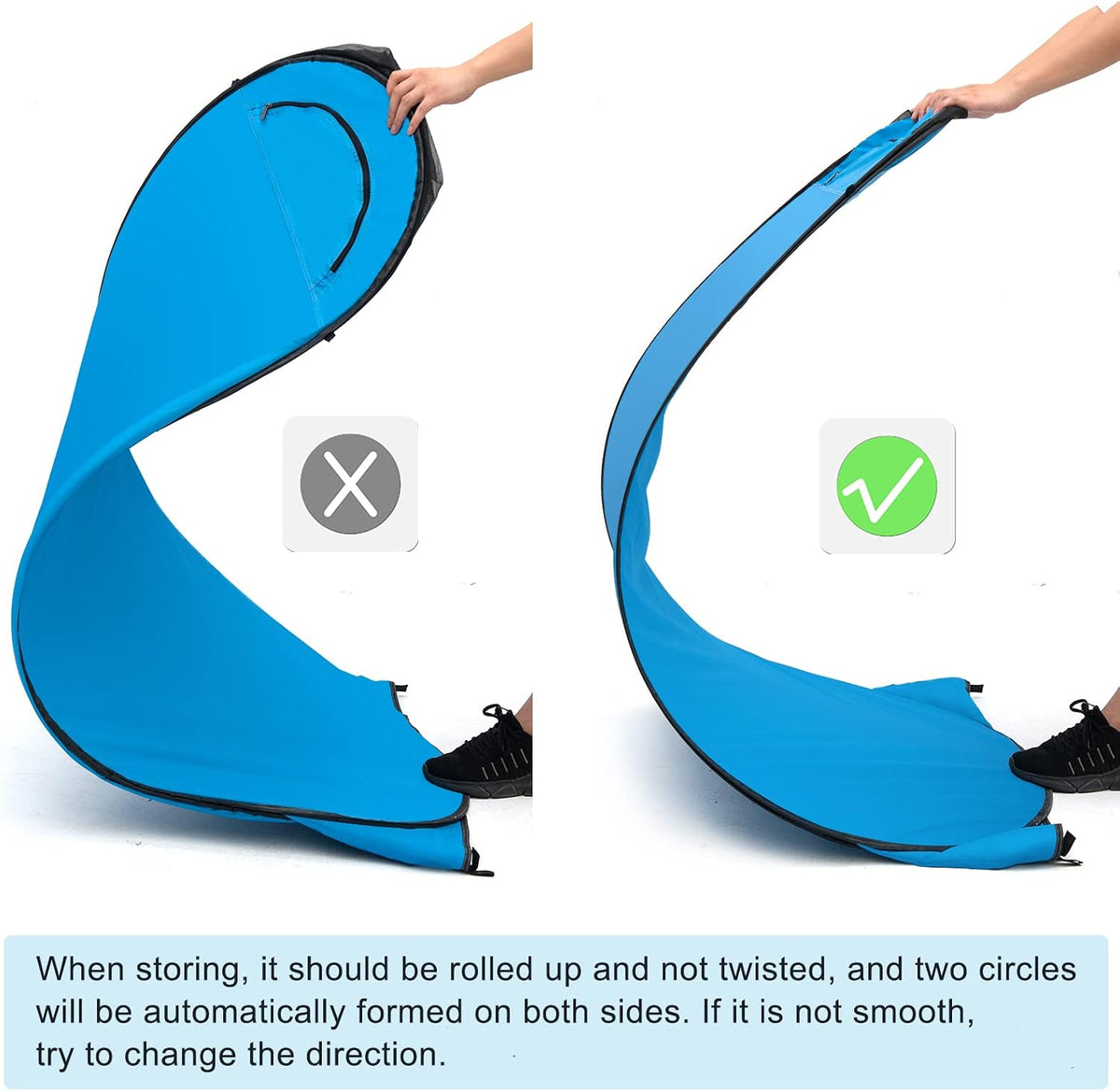 Blue inflatable mat being rolled up correctly and incorrectly with text instructions on a white background.