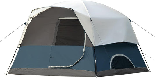 Steel Blue 4-6 person cabin tent with full rainfly and stable crossbar frame for family camping.