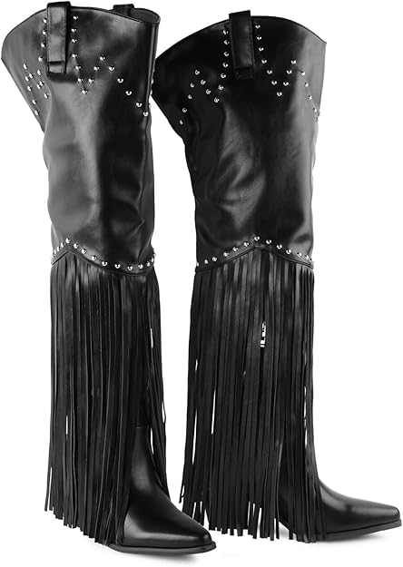 Fringe Cowboy Boots for Women, Thigh High Cowgirl Western Boots Black-Studded -  BigGreenBear.com shoes 99.00 USD Big Green Bear