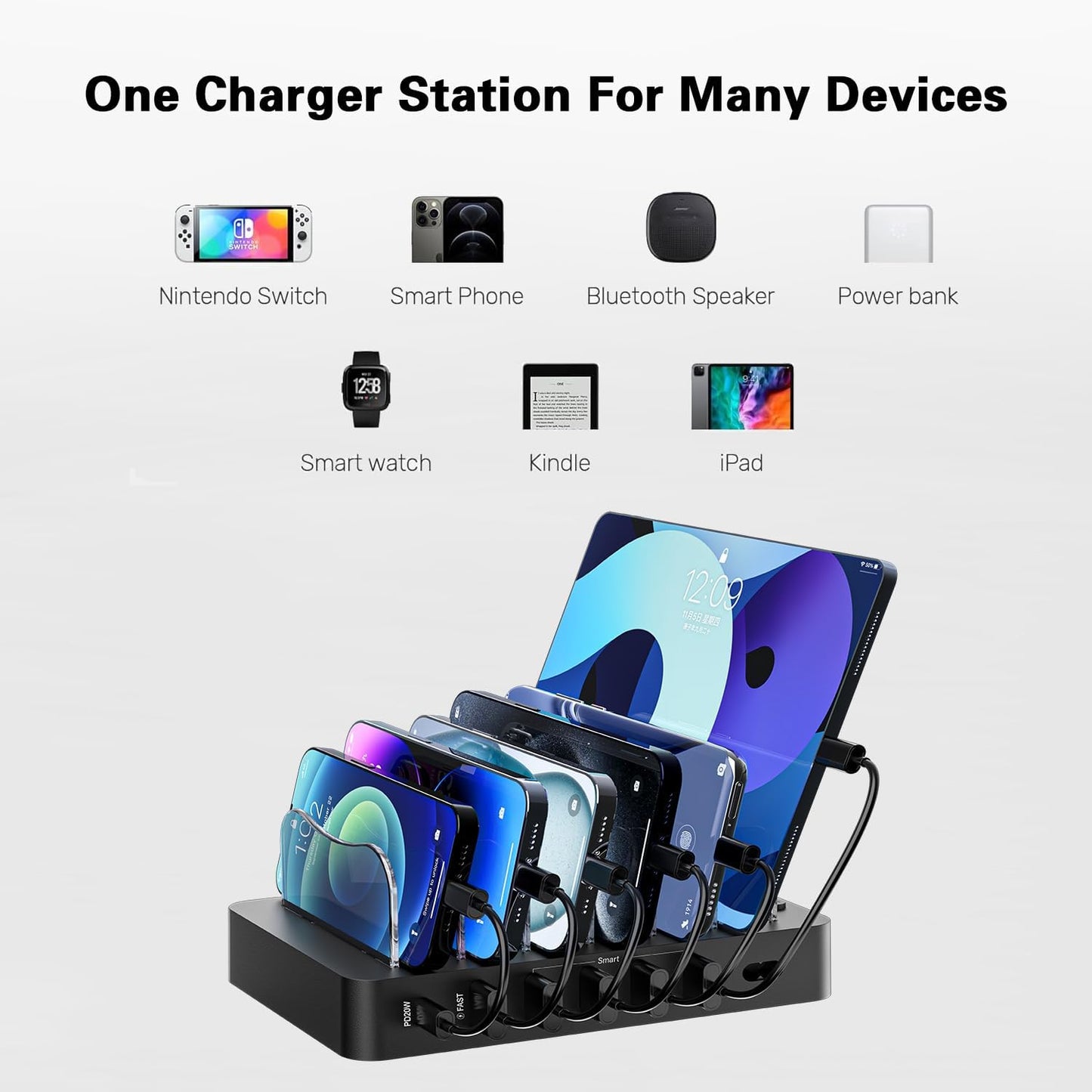 Charging Station for Multiple Devices: 68W 6 Port 20W Fast Phone Charger Dock with 6 Cables