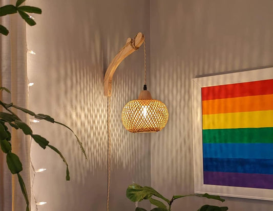 Bamboo Lantern Plug in Wall Sconces Wicker Wall Lamp
