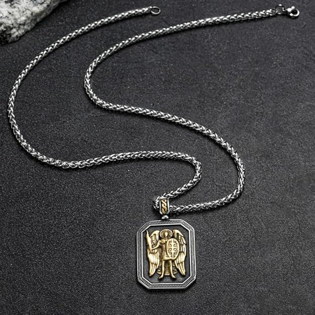 St. Michael Archangel Pendant Necklace -Sword and Shield - Protection Amulet -  BigGreenBear.com jewelry 39.99 USD Big Green Bear