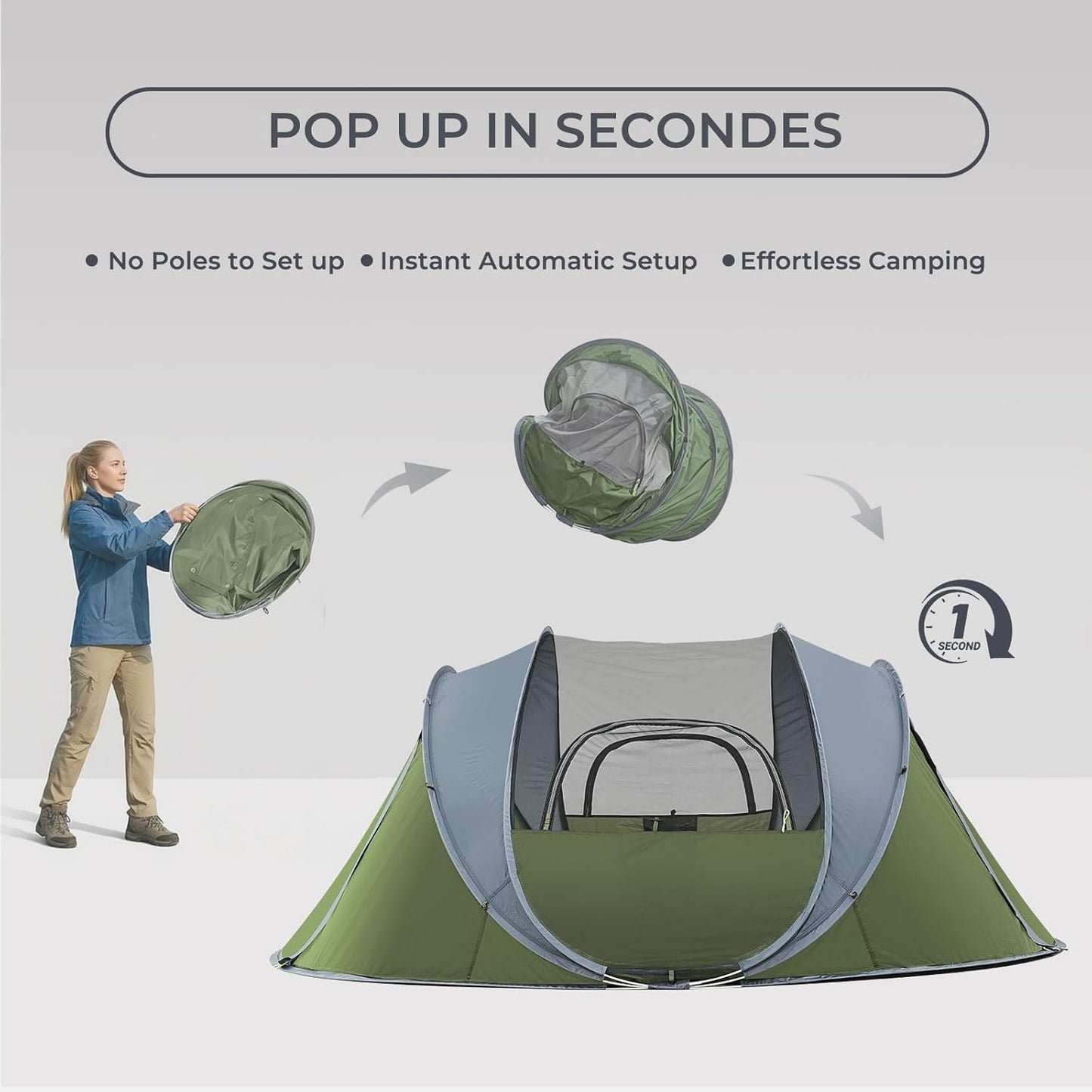 Pop-up tent with text indicating instant setup and ease of use, featuring a person setting it up.