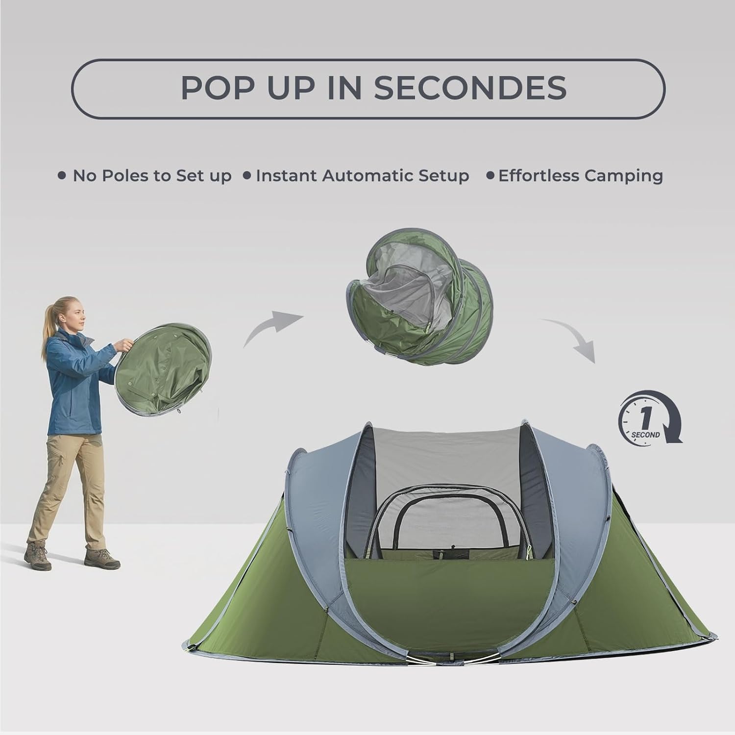 Pop-up tent with text indicating instant setup and ease of use, featuring a person setting it up.