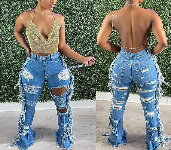 Women's Skinny Tassels Ripped Jeans High Waisted -  BigGreenBear.com clothing 29.95 USD Big Green Bear