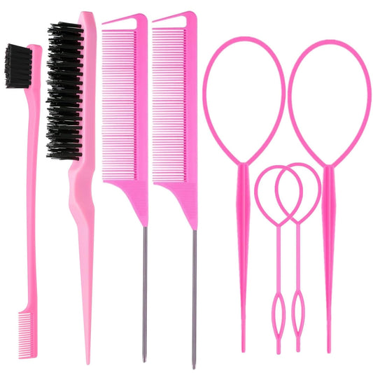 8Pcs Hair Brushes Set for Woman Girl hair Styling, Edge & Back Brushing, Pink -  BigGreenBear.com Beauty Products 3.65 USD Big Green Bear