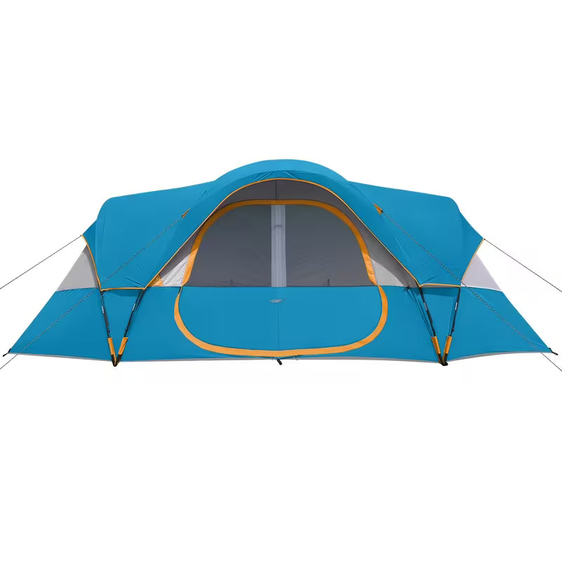 Blue camping tent with orange accents on a white background