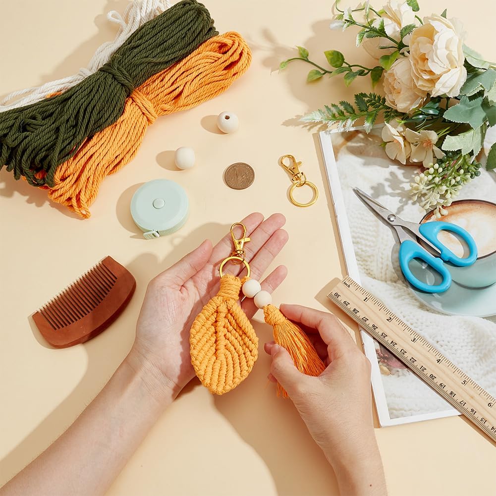 3 Sets Colorful Leaf Shape Macrame Keychain Kits with Tassel