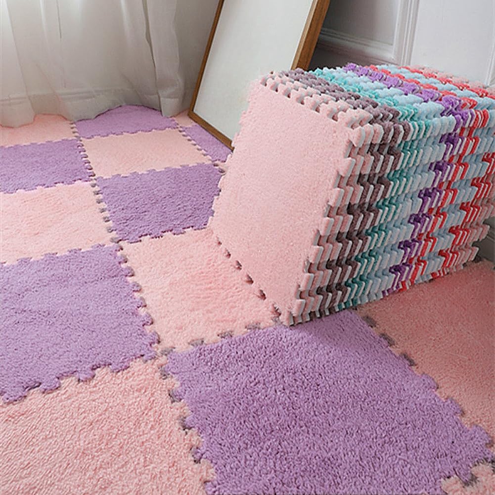 12pcs Carpet Squares Puzzle Floor Mat, Plush Interlocking Pink + Purple