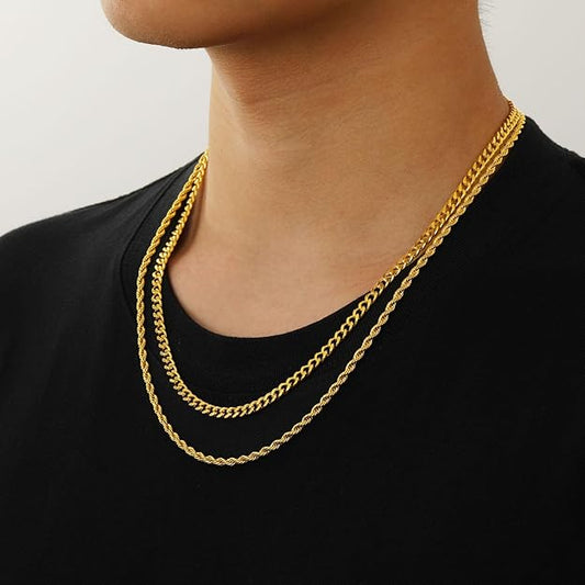 2Pcs Gold Plated Cuban Link/Rope/Herringbone Chains Cuban/Rope Chain Set -  BigGreenBear.com jewelry 19.99 USD Big Green Bear