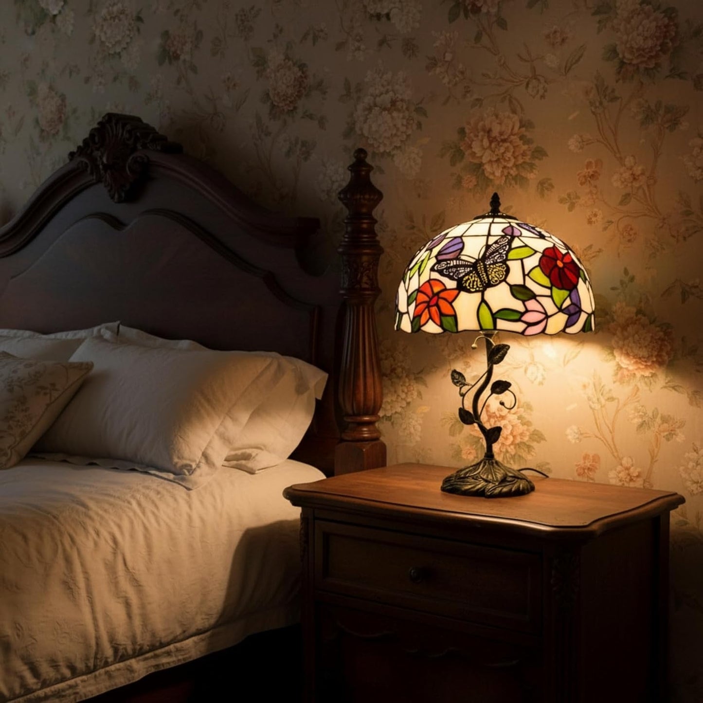 Table Lamp, 12" Butterfly Flower Handmade Stained Glass Lamp Shade -  BigGreenBear.com table lamp 149.99 USD Big Green Bear
