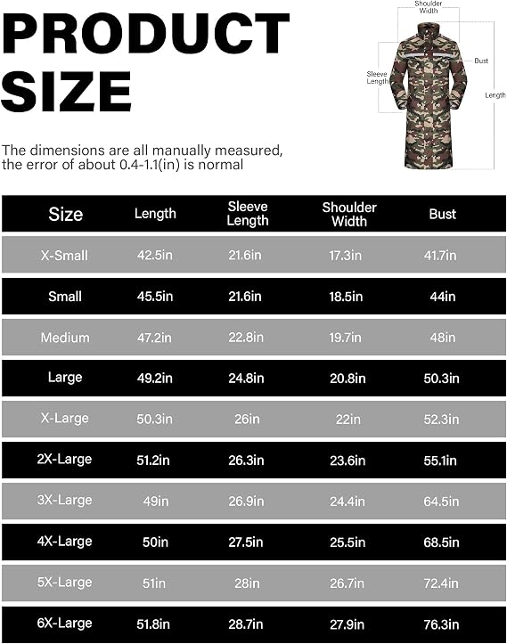 Product size chart for a coat with dimensions listed in inches.