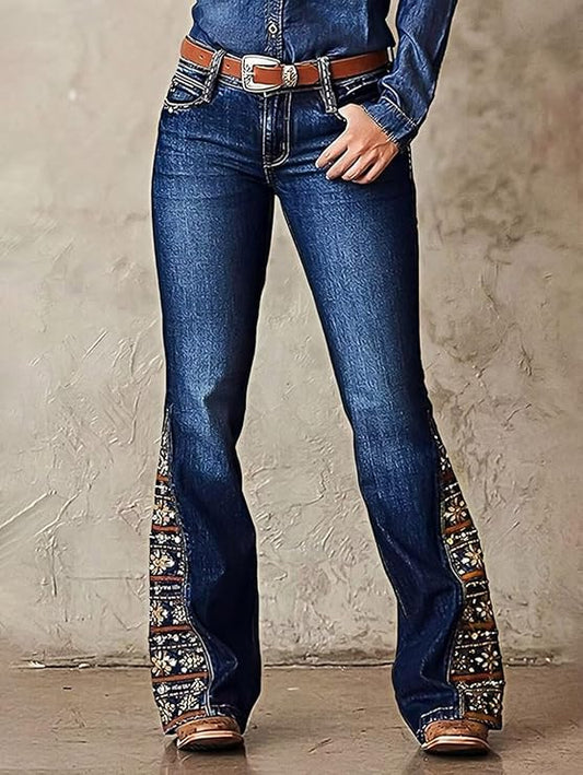 Women's Floral Embroidery Mid Waist High Stretch Bootcut Jeans with Pockets -  BigGreenBear.com clothing 59.99 USD Big Green Bear