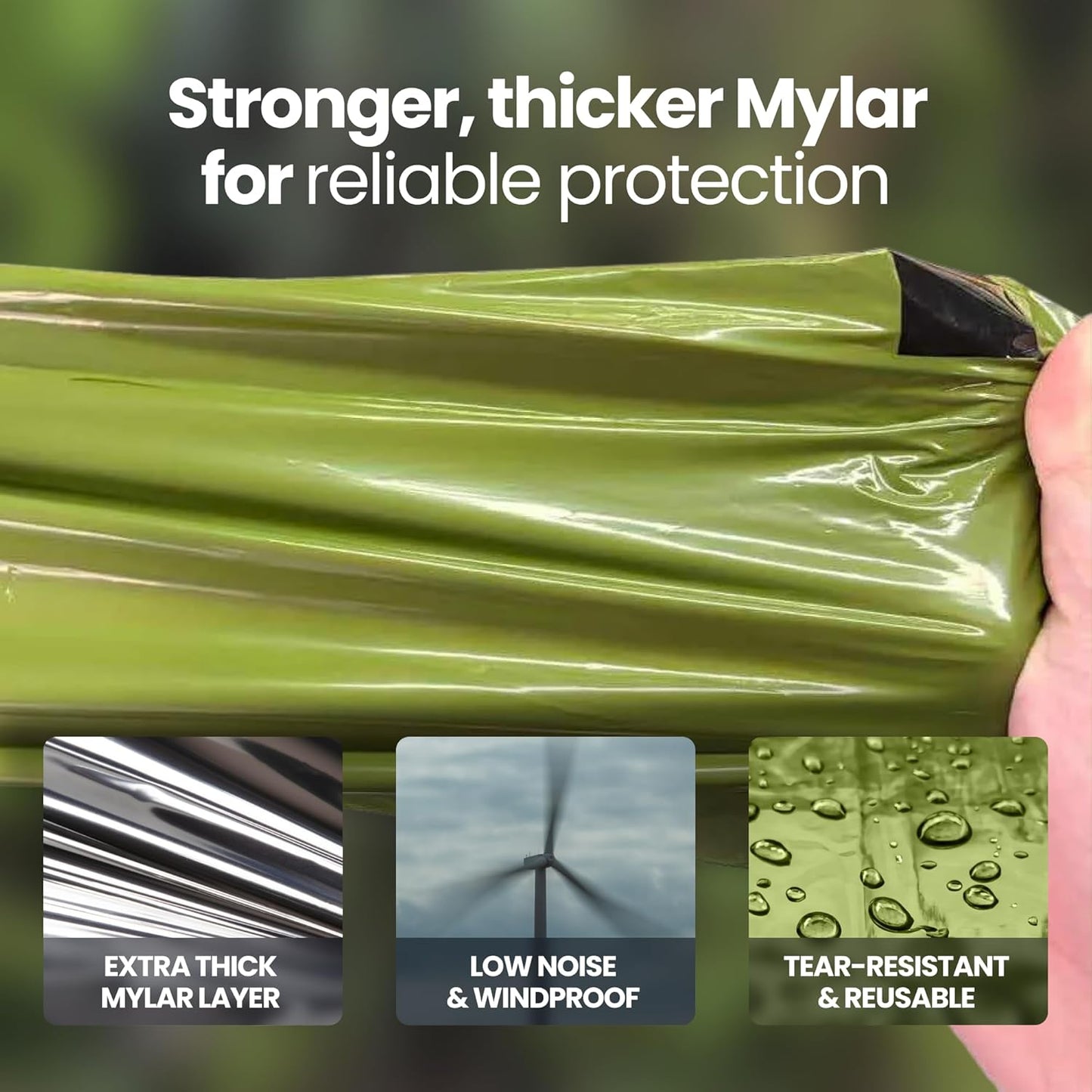 Green Mylar sheet held by a hand with text highlighting its features.
