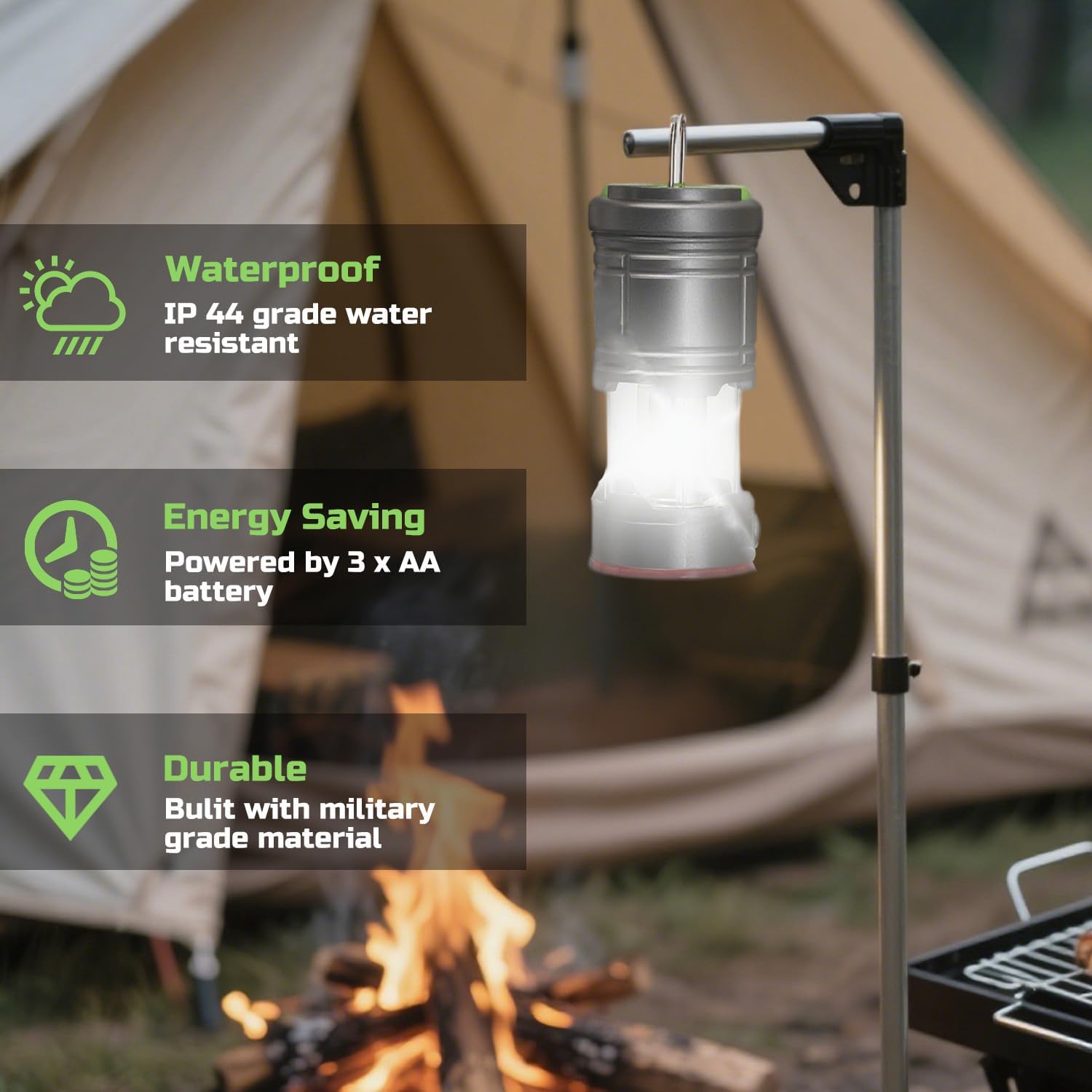 Camping lantern on a stand with features highlighted in front of a tent and campfire.