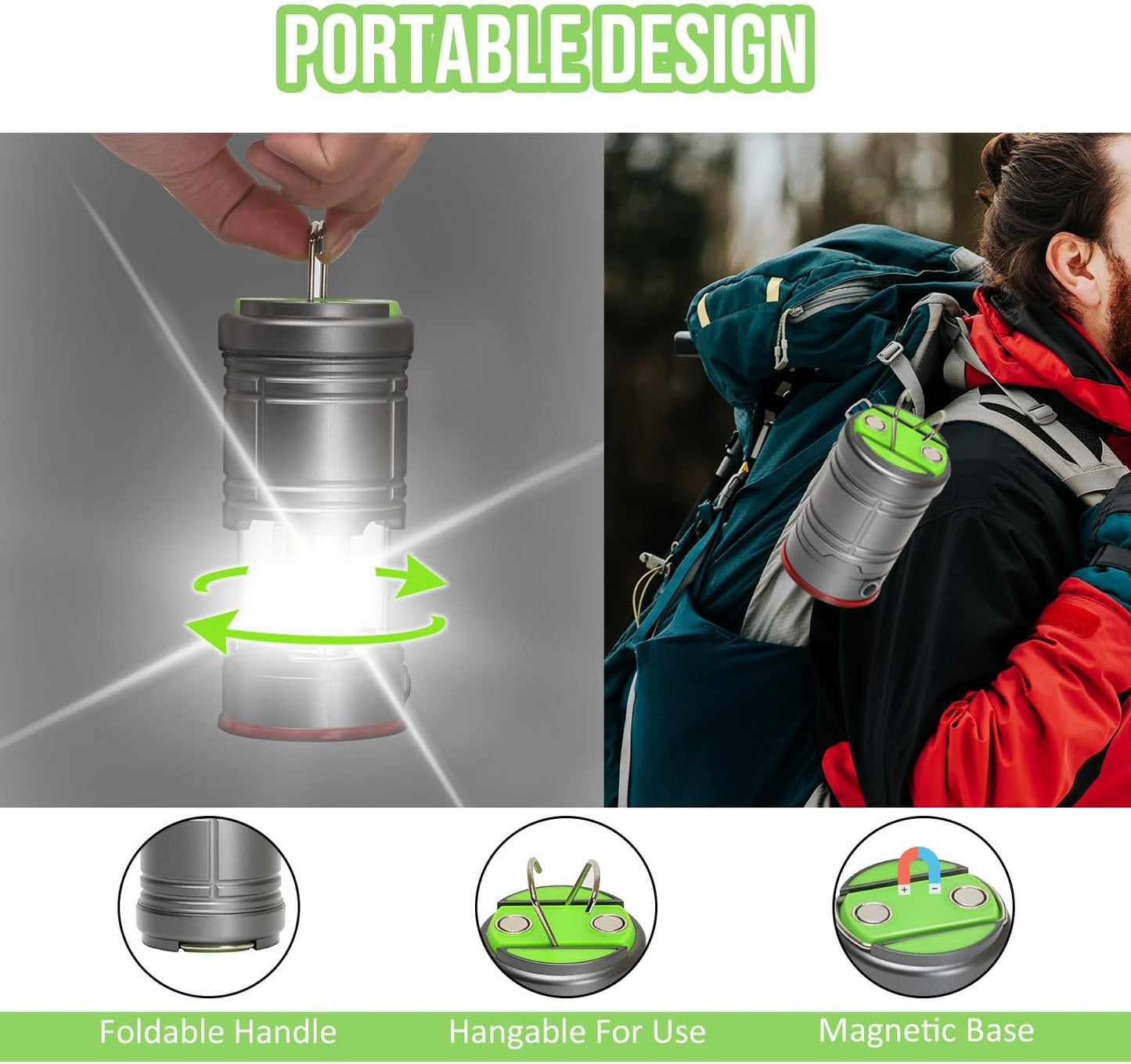 A promotional graphic for a portable folding lantern flashlight. The left panel shows a hand twisting the top of the metallic silver lantern, with bright light rays emanating from the center and green arrows indicating folding.