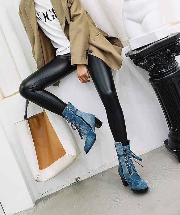 NEW! Women's Denim Lace up Mid-Calf Booties Retro Chunky Heel Side Zipper -  BigGreenBear.com boots 59.99 USD Big Green Bear