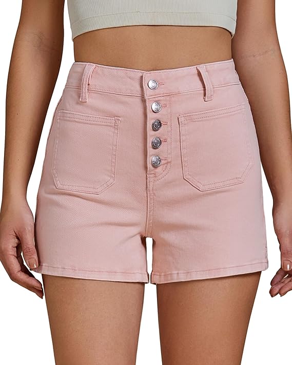 Jean Shorts Women's High Waisted Trendy Button Fly Patch Pocket Side Split