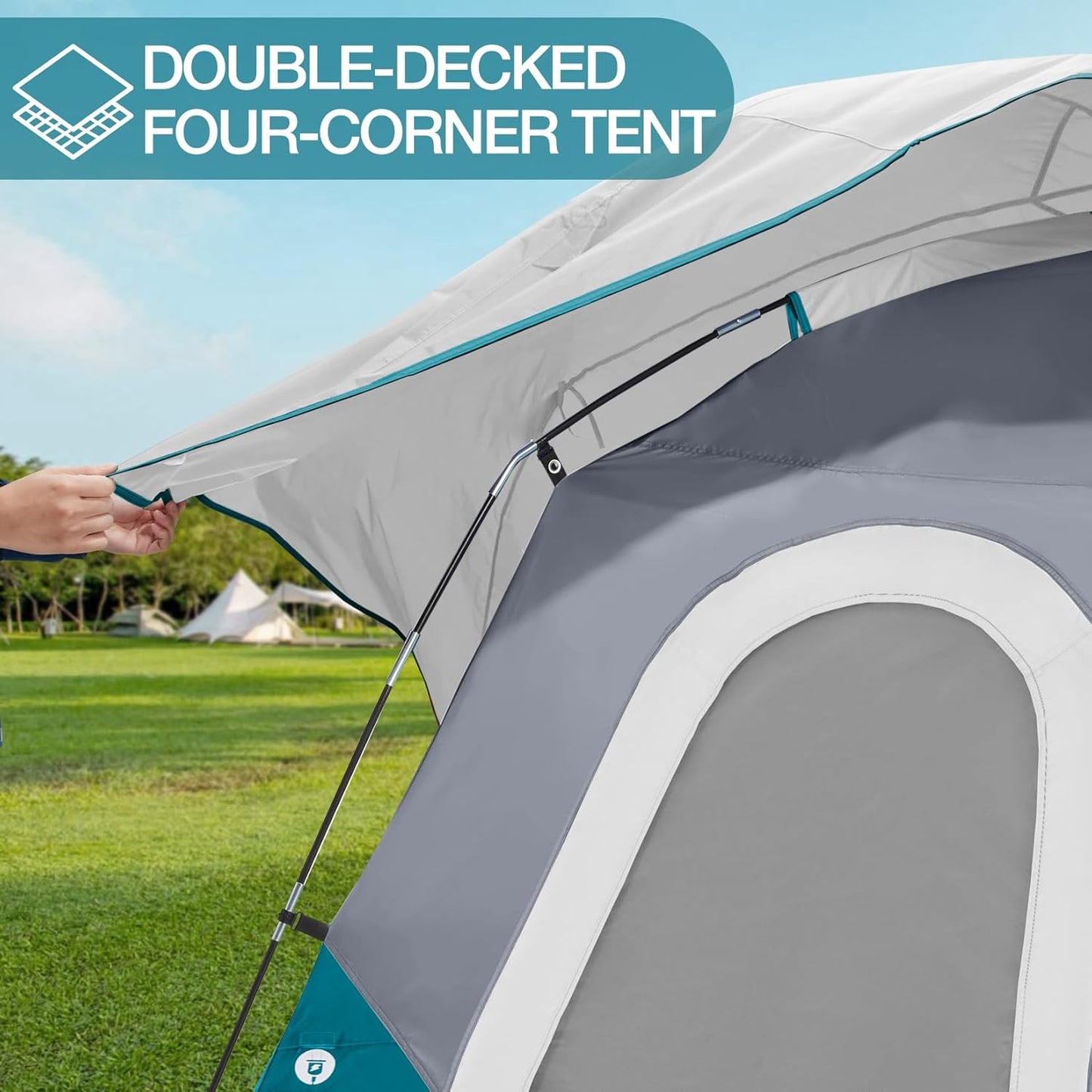 Portable 16lb CAMEL CROWN 6-person tent folded into compact blue storage carrying bag.