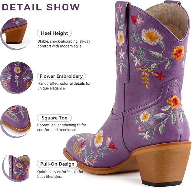 Cowgirl Boots Floral Snip Square Toe Western Cowboy Boots Chunky Heel Pull On Short Boots