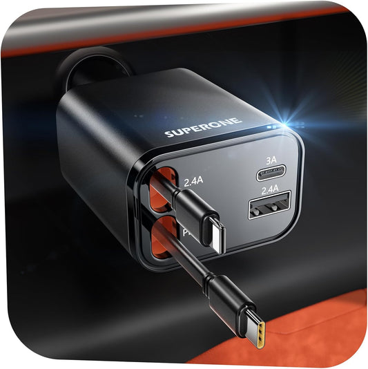 Retractable Car Charger, SUPERONE 69W Car Phone Charger with Cables Fast Charging -  BigGreenBear.com cell phone 14.99