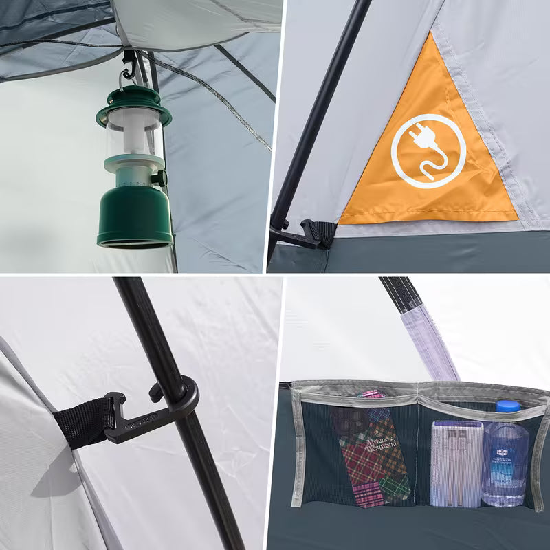 Collage of camping gear including a lantern, power symbol flag, tent strap, and storage pouch.