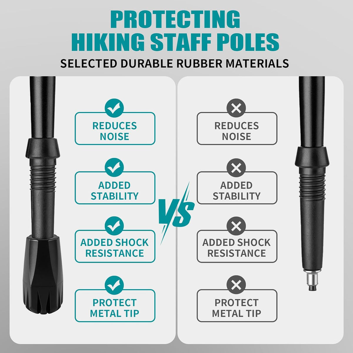 Promotional comparison graphic for hiking staff poles, showing a close-up of a black rubberized pole tip on the left and a metal pole tip on the right, with text comparing noise reduction, stability, shock resistance, and metal tip protection.