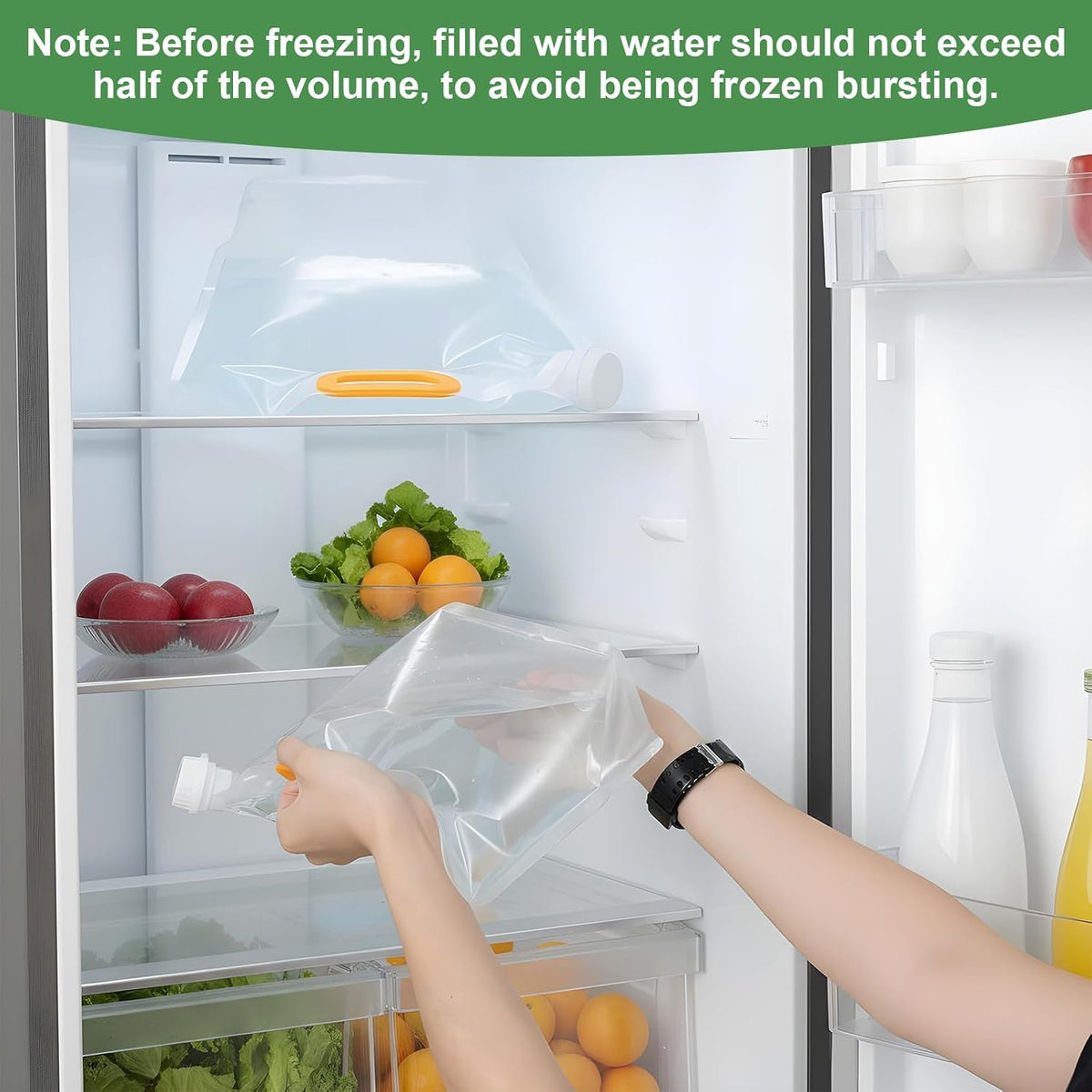 Person placing a clear silicone bag with food into a refrigerator.