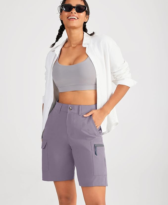 Women's 9 inch Bermuda hiking cargo shorts in black with multi-pockets and belt loops.