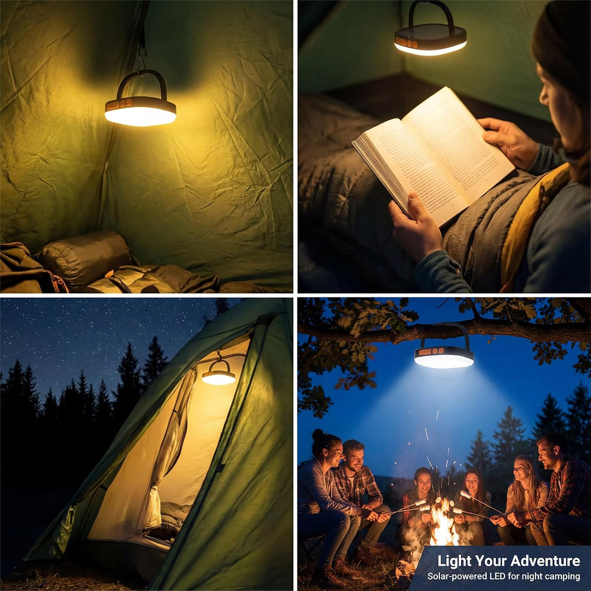 Collage of a person reading inside a tent, using a solar-powered LED light for camping.