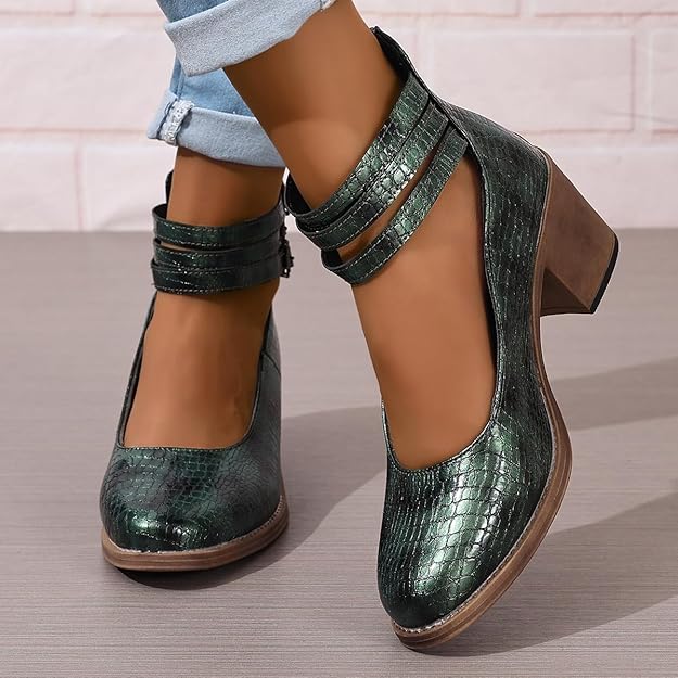 Womens Pumps Heels Animal Print Round Toe Ankle Straps-Green -  BigGreenBear.com shoes 44.00 USD Big Green Bear