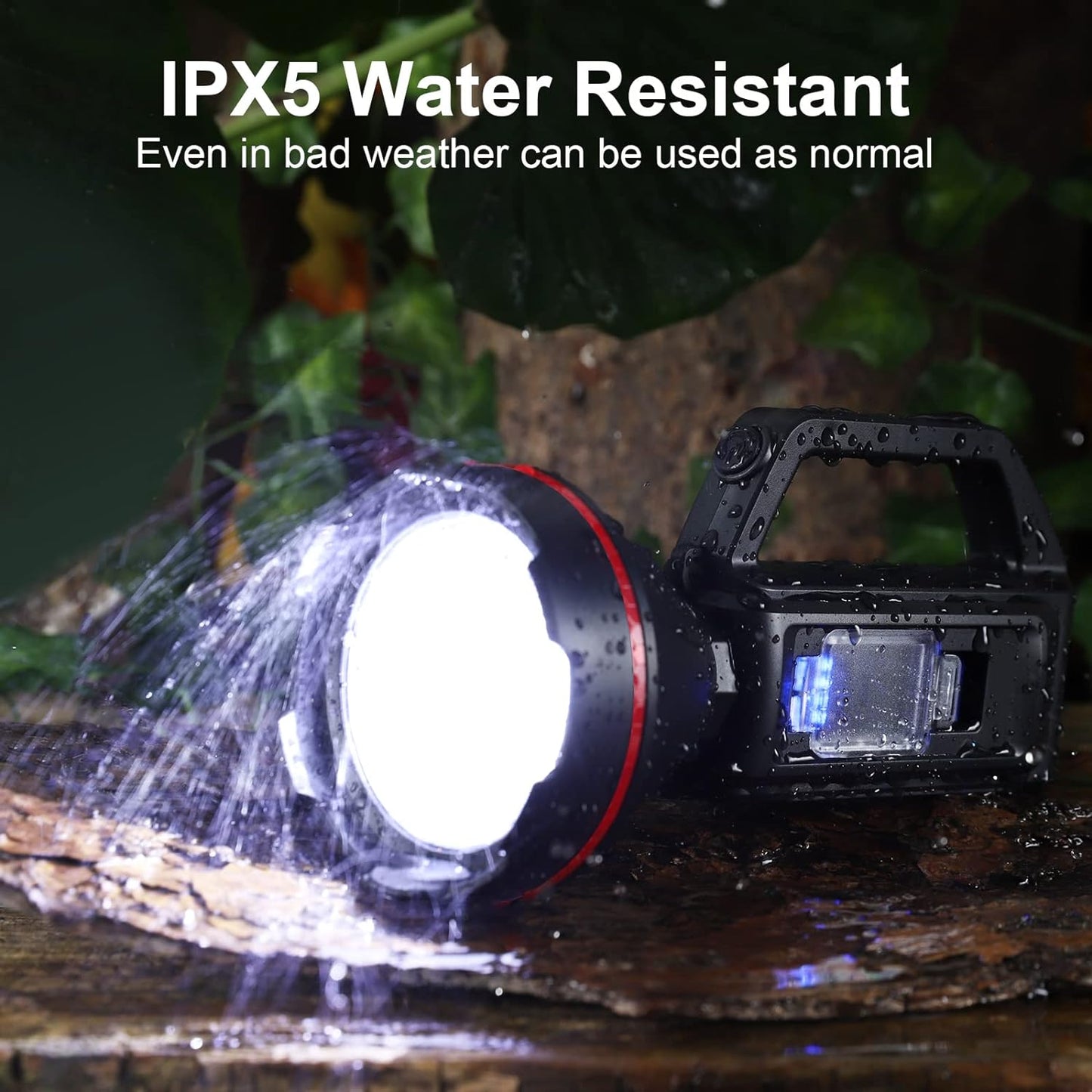 Water-resistant flashlight being splashed with water on a natural background