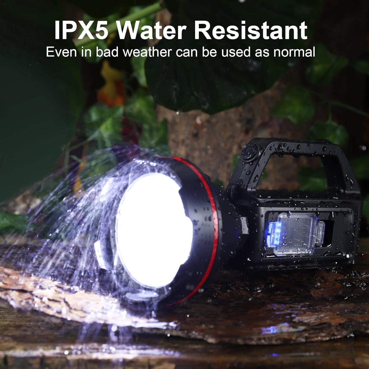 Water-resistant flashlight being splashed with water on a natural background
