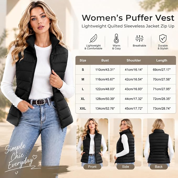 A promotional product graphic for a women's puffer vest. A woman models the vest on the left, with front, side, and back views shown at the bottom.