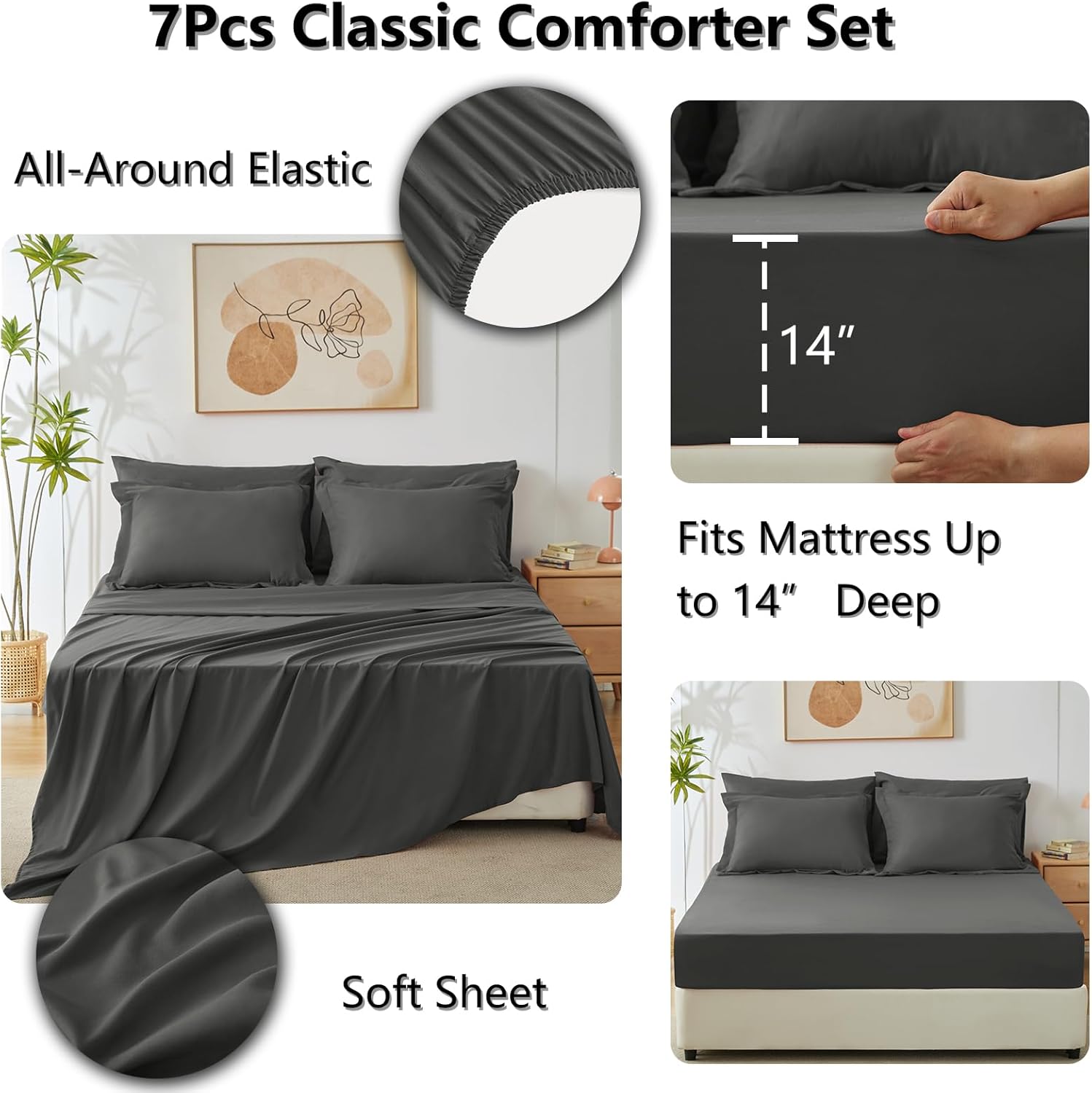 7 Pieces, Luxury Soft Bed Set for All Seasons, Bedding Set with Down Alternative Comforter, Sheets, Pillowcases & Shams -  BigGreenBear.com bedding 49.99 USD Big Green Bear