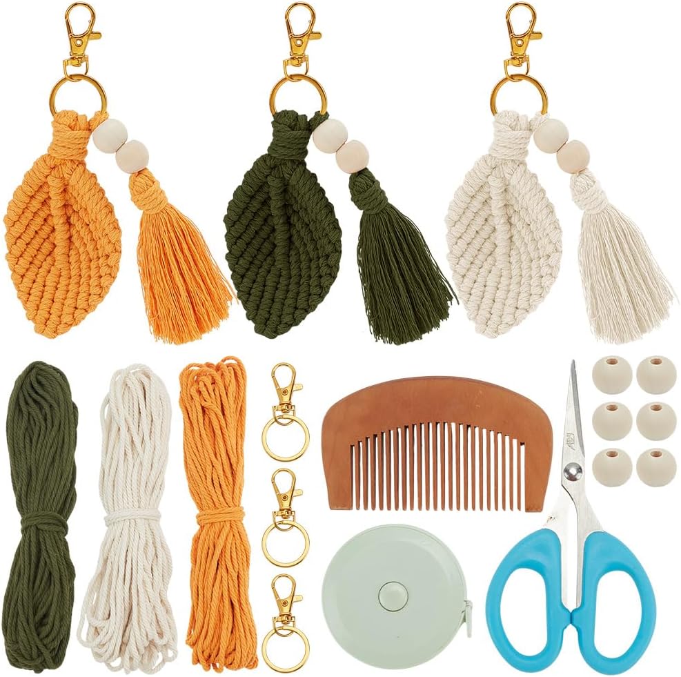 3 Sets Colorful Leaf Shape Macrame Keychain Kits with Tassel