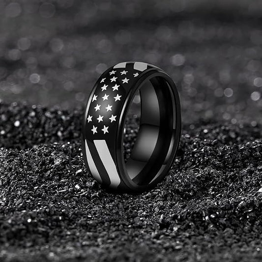 Anxiety Relief Men's Black American Flag Spinner Ring Jewelry Gift Size 6-14