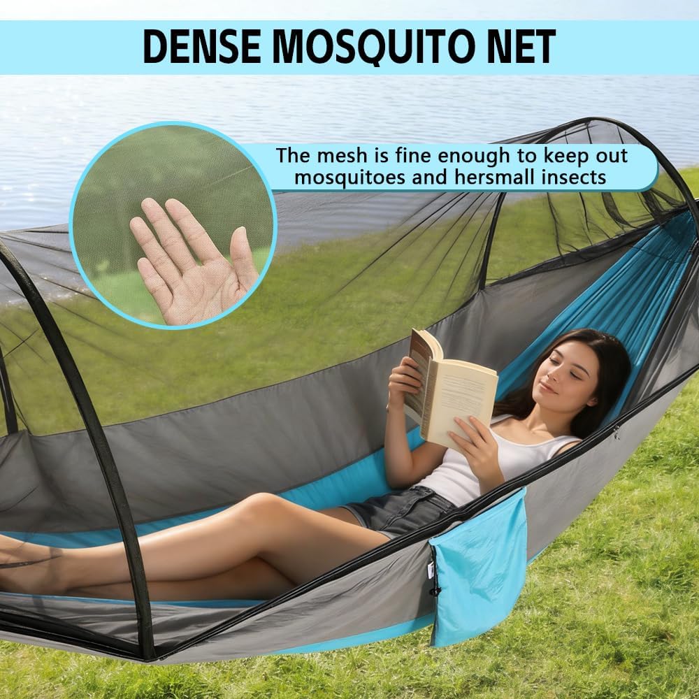 Person reading a book in a hammock with a dense mosquito net, set against a grassy outdoor background.