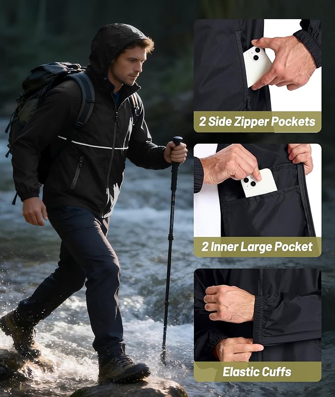 Person hiking with a backpack, demonstrating features of black pants with side zipper pockets and elastic cuffs.
